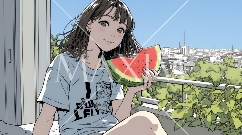 スイカを縁側で食べている若い女性