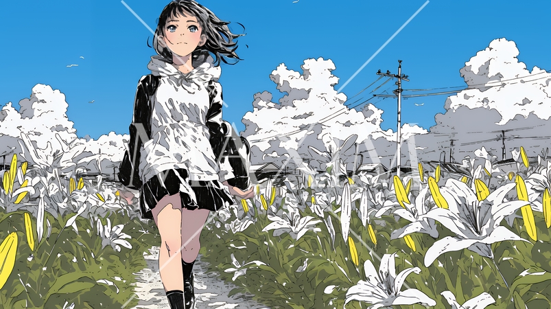 ユリの花の小径を歩く若い女性