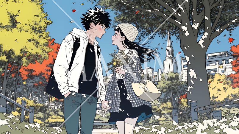 紅葉の公園でデートをしている若い男女のカップル