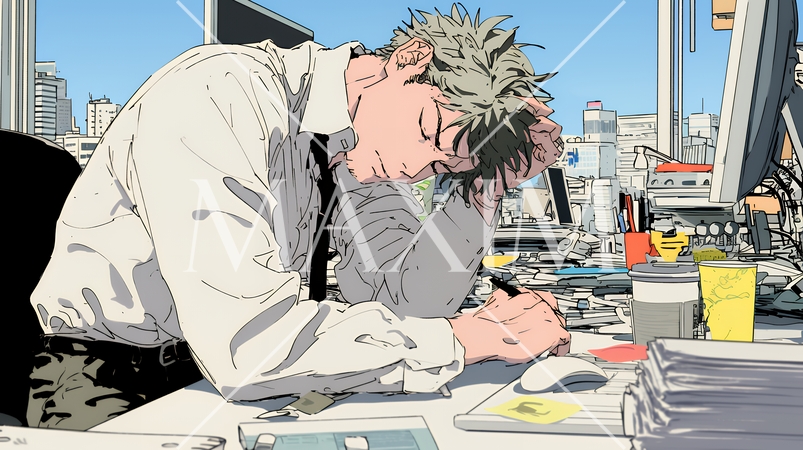 疲れ切った様子でオフィスデスクでため息をついているビジネスマン