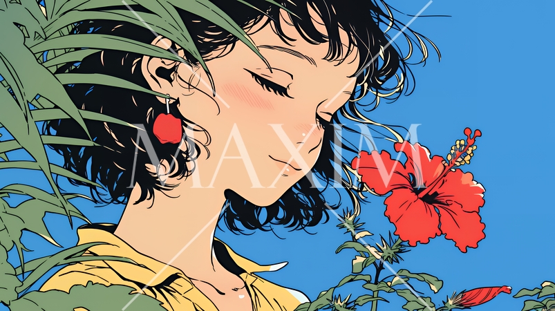 ハイビスカスと若い女性