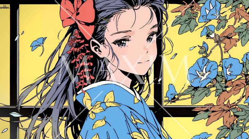 紅葉に包まれた中、着物を纏った若い女性が佇んでいる