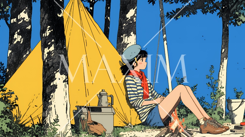 ソロキャンプを楽しんでいる若い女性