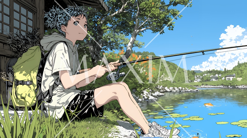 岸から魚釣りを楽しむ若い女性｜渓流・自然・アウトドア・ライフスタイル