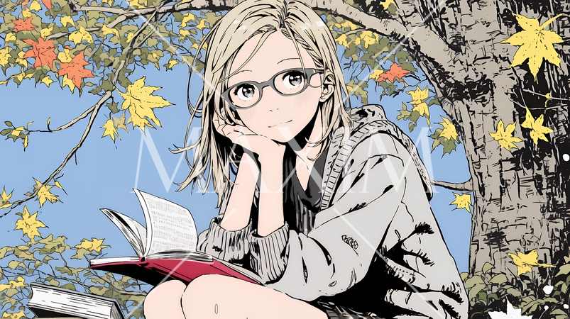 読書の秋：紅葉の木の下で本を読んでいる若い女性