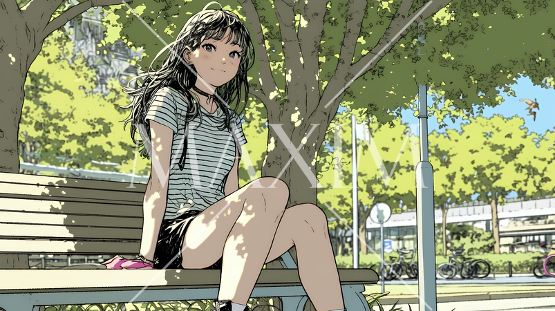 公園のベンチでひとり静かにくつろぐ若い女性