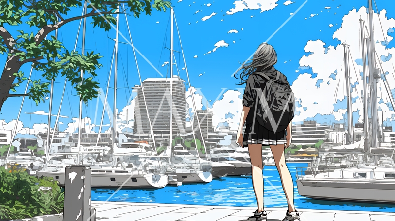 沖縄のヨットハーバーに立つ若い女性