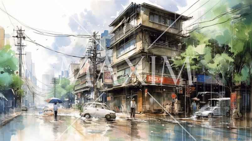 大雨の街角：大雨に見舞われた街の様子の水彩画