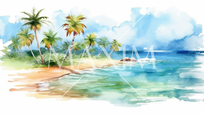 南の島の浜辺と空の背景イメージの水彩画
