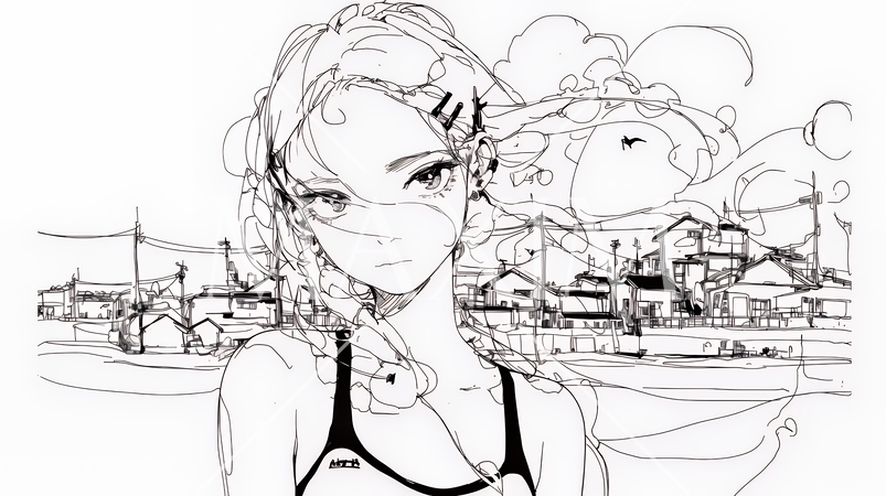 一人旅の若い女性と夏のビーチの風景（シンプルな色使い）