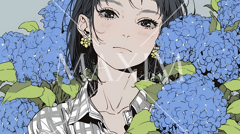 アジサイと梅雨の長雨と若い女性