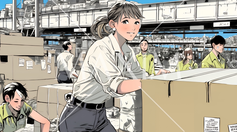 倉庫で配送作業をしている人たち