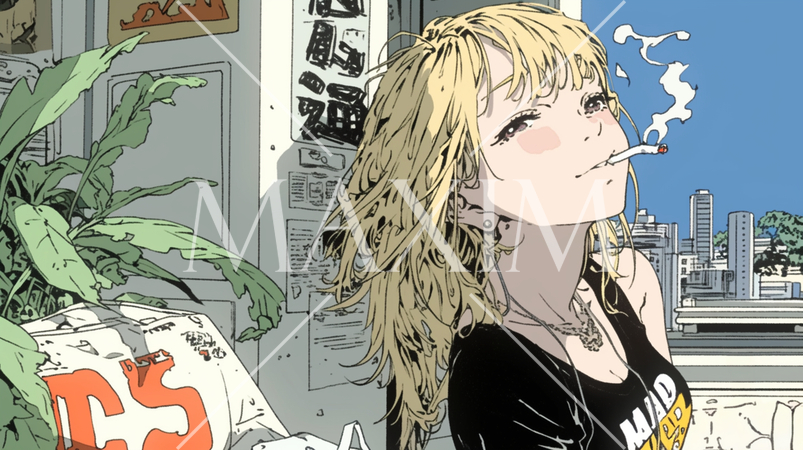 くわえたばこで喫煙している若い女性