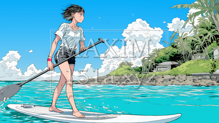 海でSUP（サップ）を楽しむ若い女性（ライフジャケットとリーシュコードの装着は必須だよ）｜爽やかなマリンスポーツ・夏のレジャーイラスト（イラストID:2565434-20477）