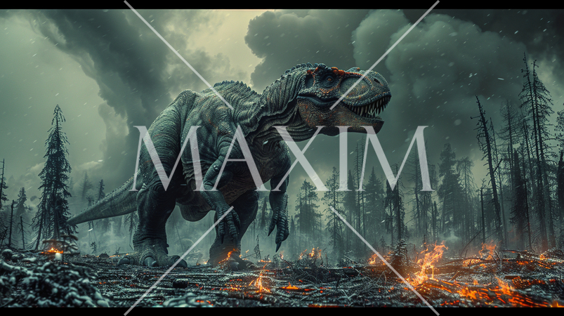 6500万年前、巨大隕石衝突による大森林火災と大寒波に見舞われている恐竜：精緻CG
