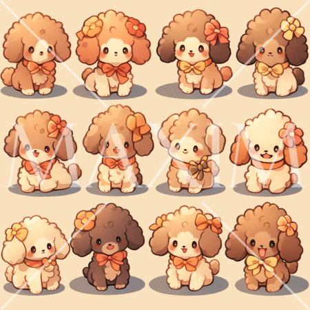 茶色のトイプードルのいろいろなポーズと表情