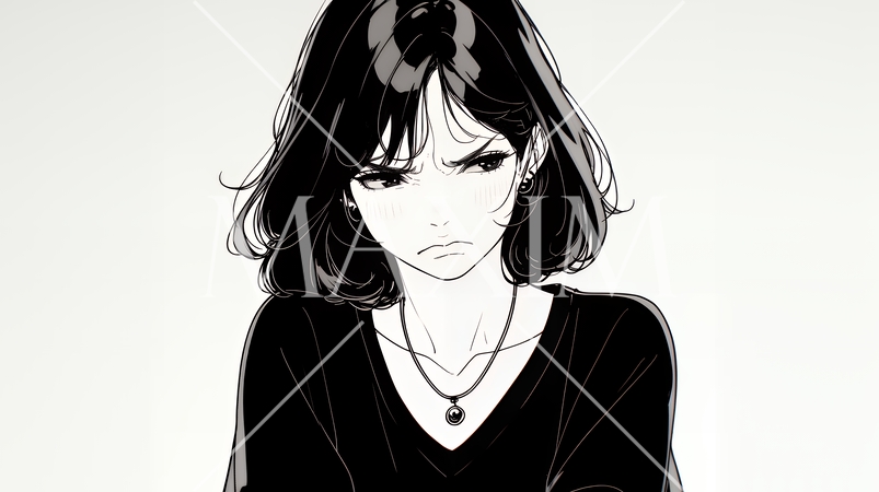 Noという表現を思いっきり顔に表しているる女性（シンプルな色使い）