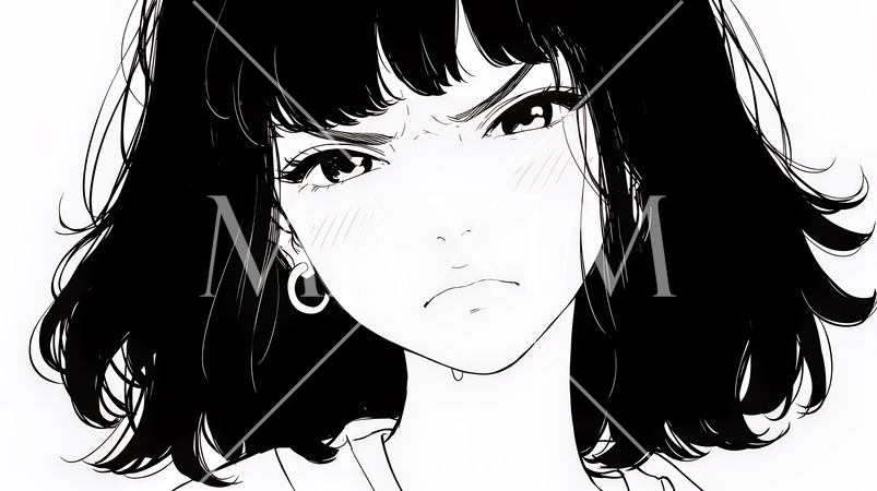 嫉妬の表情を浮かべる若い女性（シンプルな色使い）