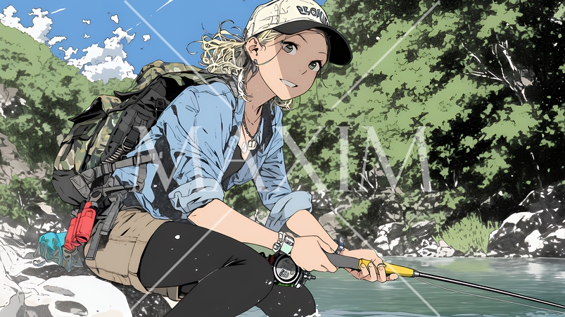 岸から魚釣りを楽しむ若い女性｜渓流・自然・アウトドア・ライフスタイル