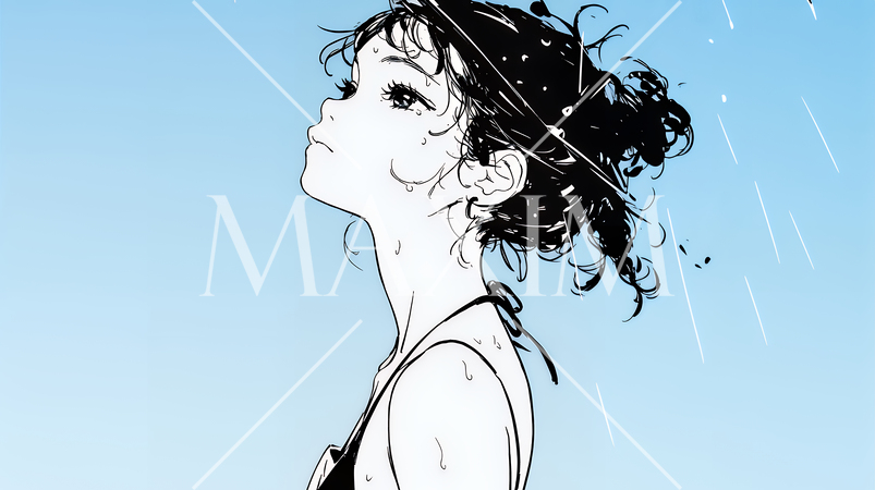 夏の急な雨でびしょ濡れの若い女性（シンプルな色使い）