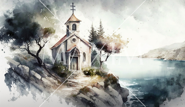 海辺に建つ教会（チャペル）の水彩画