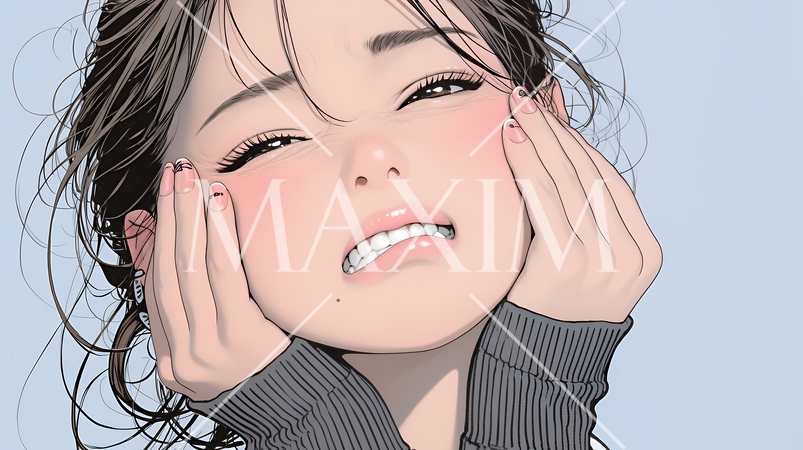 歯痛で頬を押さえている女性