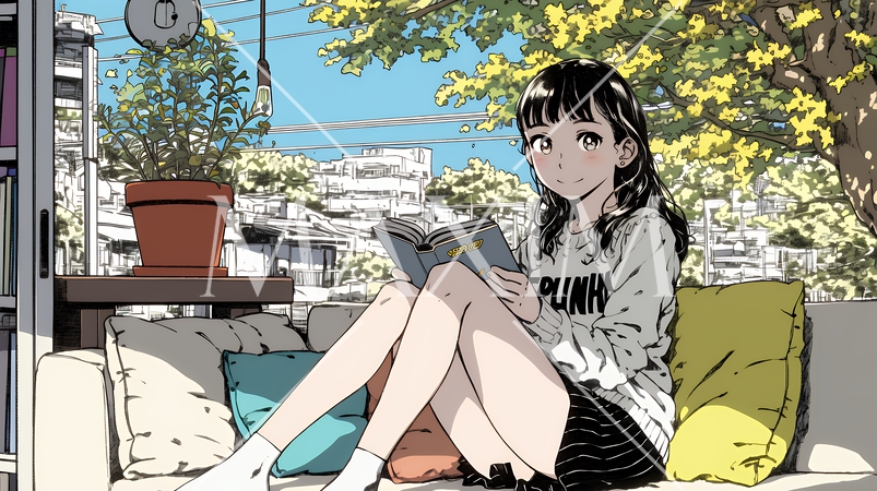 読書の秋：リビングルームで本を読んでいる若い女性