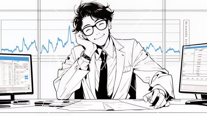 マーケティング・トレーディングデータなどの計量分析を行っている男性（シンプルな色使い）