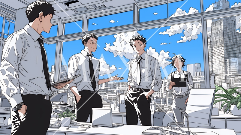 オフィスで立ったまま簡単な打合せをしているビジネスパーソン