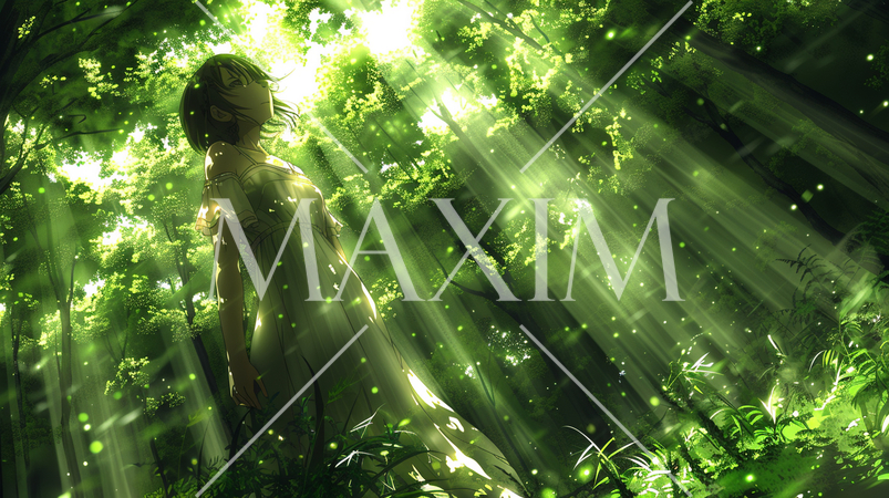 新緑森で木漏れ日を浴びている女性