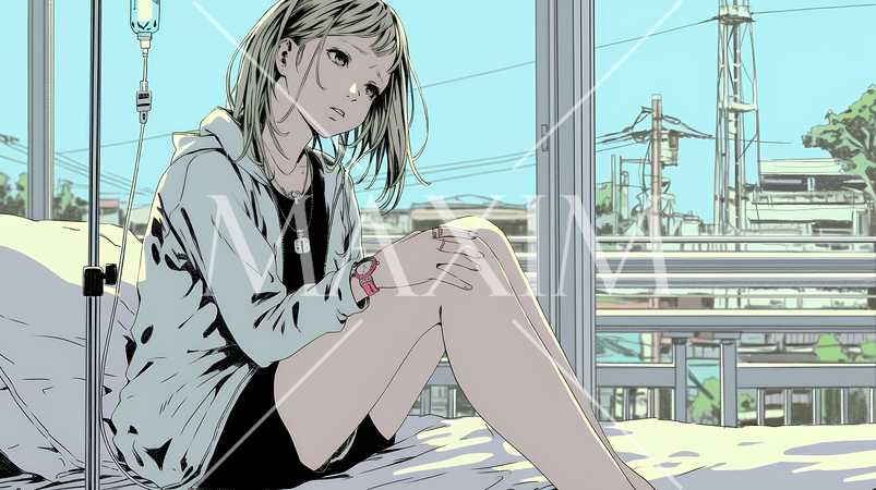 病院のベッドに腰掛けて気落ちしている女性