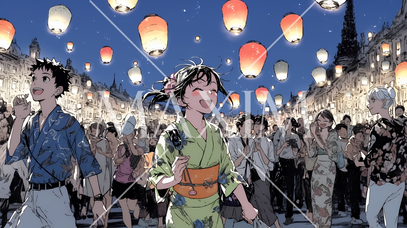 縁日屋台が立ち並び、賑わいを見せる祭りの夜