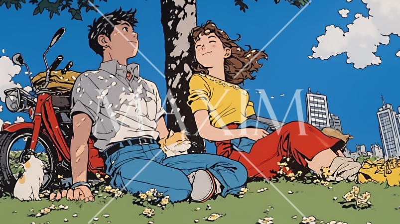 新緑の芝生が広がる都会の公園でくつろぐ若い男女