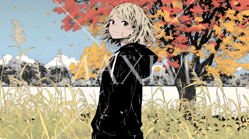 紅葉の秋の公園を歩く若い女性