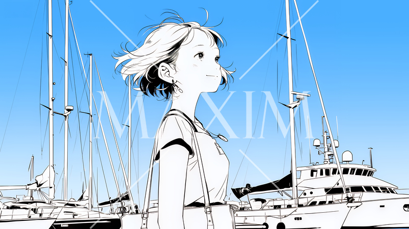 沖縄のヨットハーバーに立つ若い女性（シンプルな色使い）