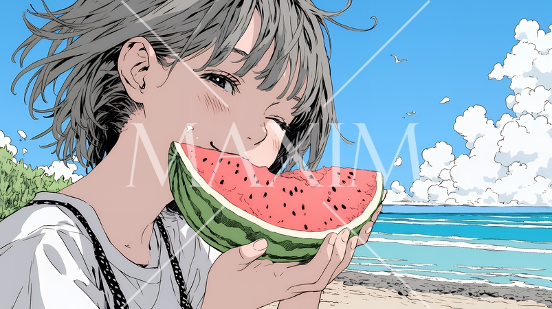 スイカを海辺て食べている若い女性