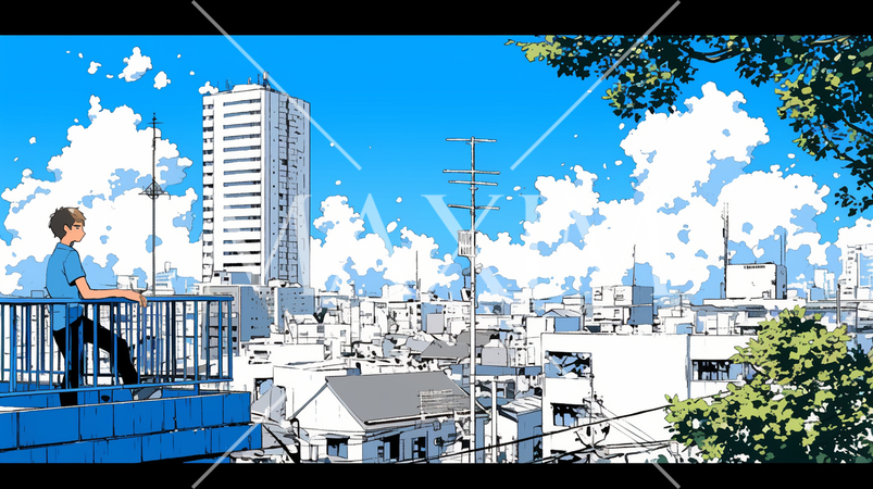 都市の町並みと夏の青空