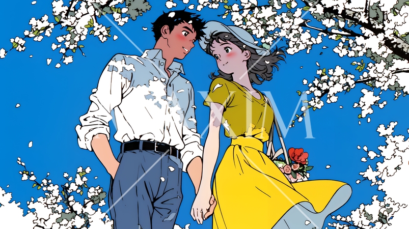 満開の桜の木の下でデートをしている若い男女のカップル