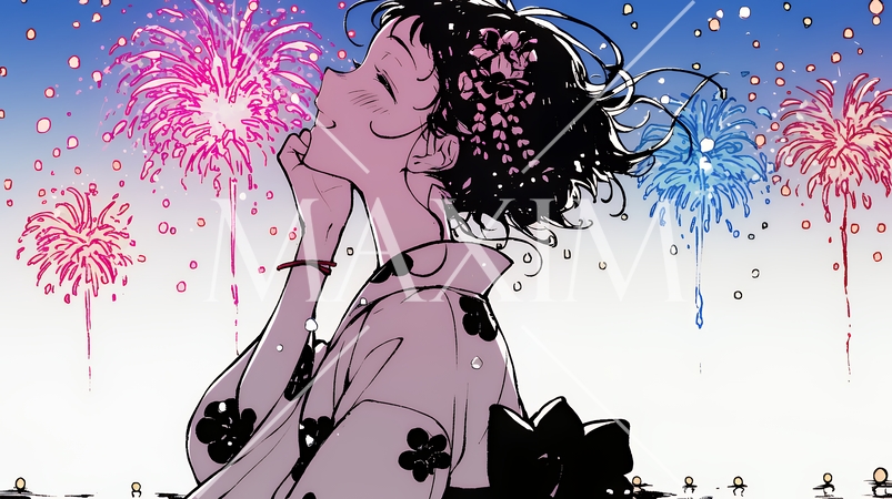 打ち上げ花火を見ている浴衣を着た若い女性（シンプルな色使い）