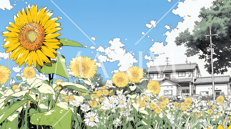 満開のひまわりと真夏の青空