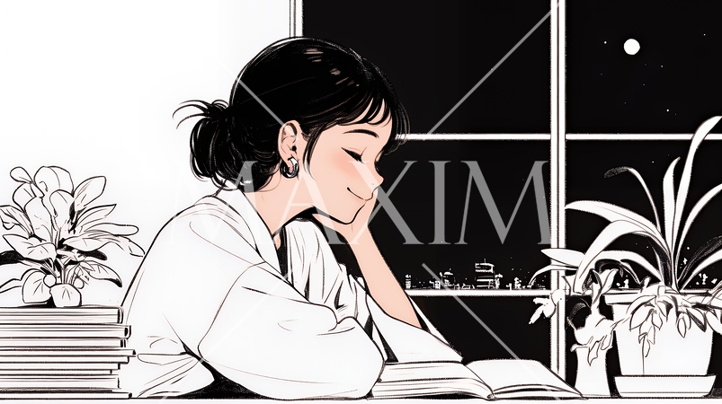 資料（本）を読みながら、うとうと眠ってしまう若い女性（シンプルな色使い）