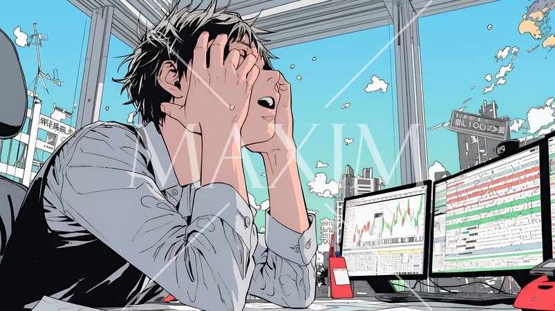 金融市場の急激な変イラスト、151a-azp、ビジネス、金融市場、男性、ビジネ動で頭を抱えている男性