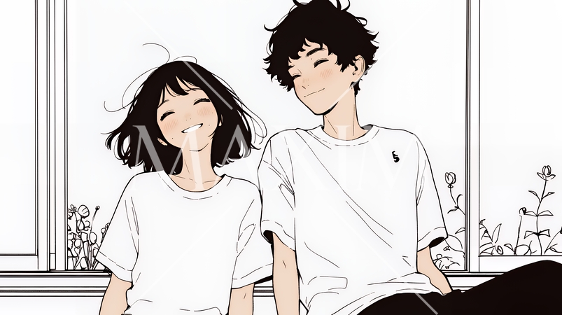 幸せそうなカップル：腰掛けて談笑（シンプルな色使い）