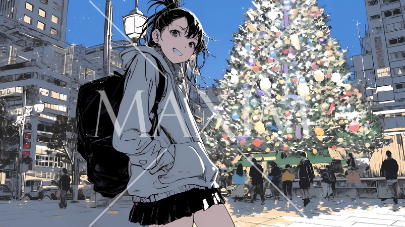 クリスマスイルミネーションが美しい街を散策する若い女性