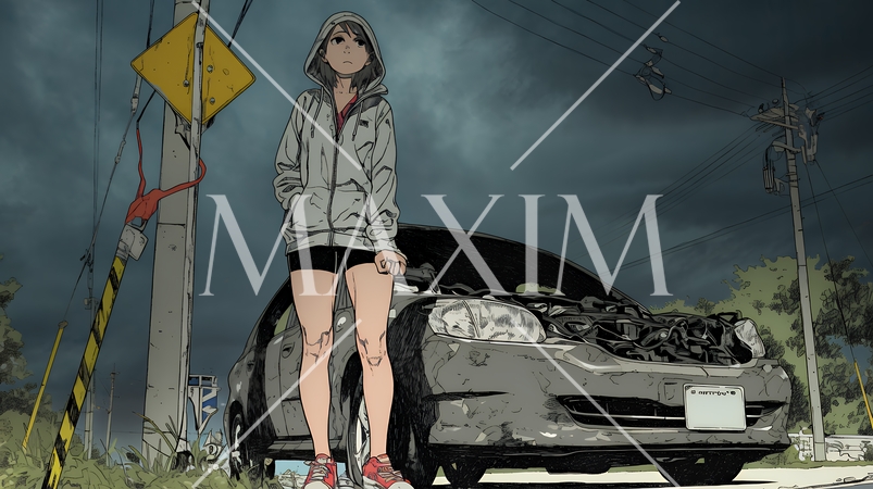 ドライブ中の車の故障・事故・トラブルで困っている女性（悪天候編）