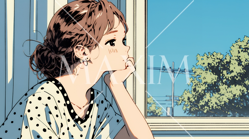 じっと遠くを見つめている若い女性