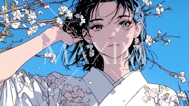 梅花と和服姿の若い女性