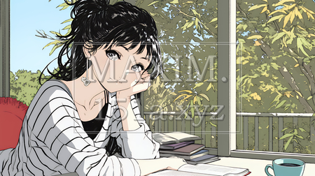 秋の読書を楽しむ若い女性｜静かで落ち着いた秋の日のイラストポートレート（イラストID:2599215-18109）