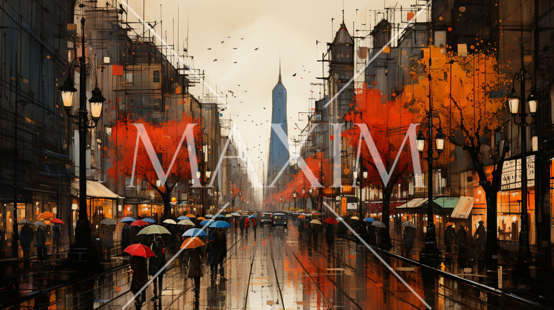 雨上りの街角をキュービズムな表現で描写