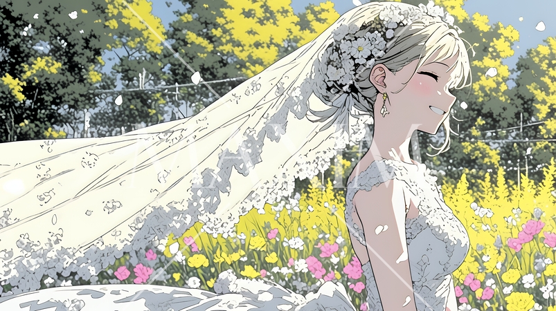 白いウェディングドレスを着ている花嫁：ジューンブライド